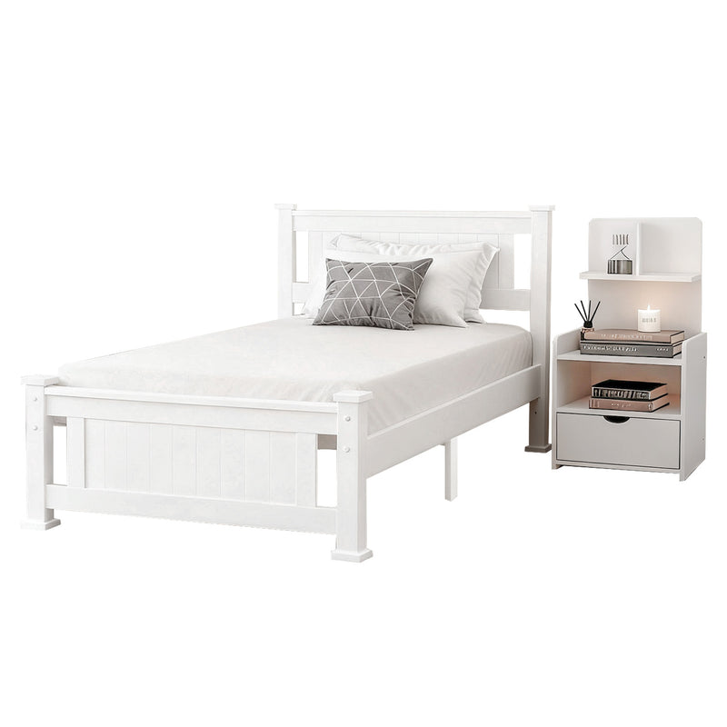 Artiss KING SINGLE Bed Frame White with Bedside Table