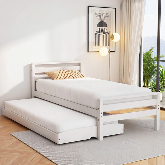 Artiss Single Bed Frame 2-in-1 Trundle Wooden White