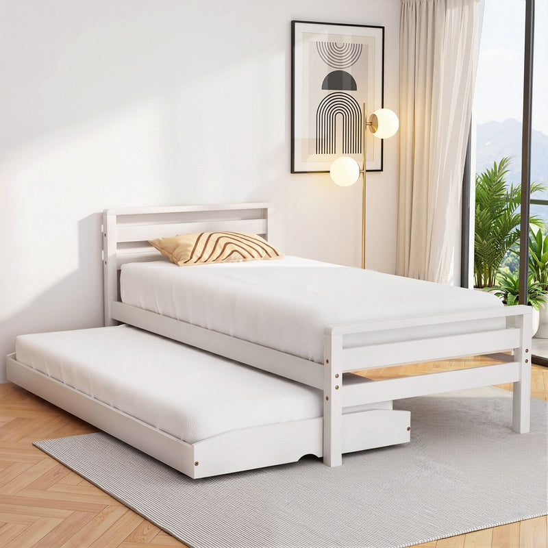 Artiss Single Bed Frame 2-in-1 Trundle Wooden White
