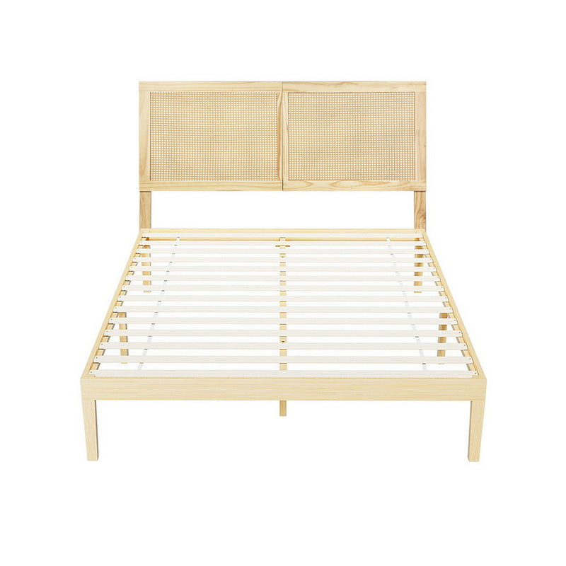 Artiss Double Bed Frame Rattan Headboard Wooden Base BRUNO