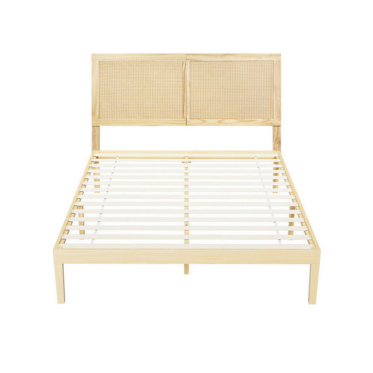 Artiss Bed Frame QUEEN Size with Rattan Headboard Wooden Bed Base BRUNO
