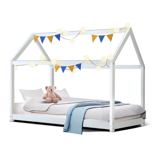 Artiss Kids Wooden House Bed Frame White Single