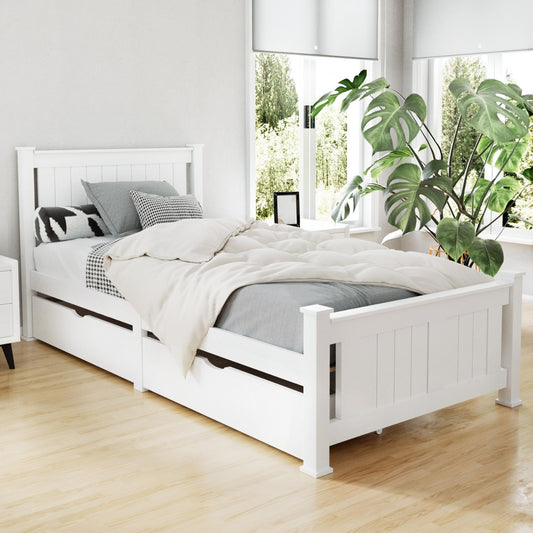 Artiss Single Bed Frame White Wooden 2 Storage Drawers