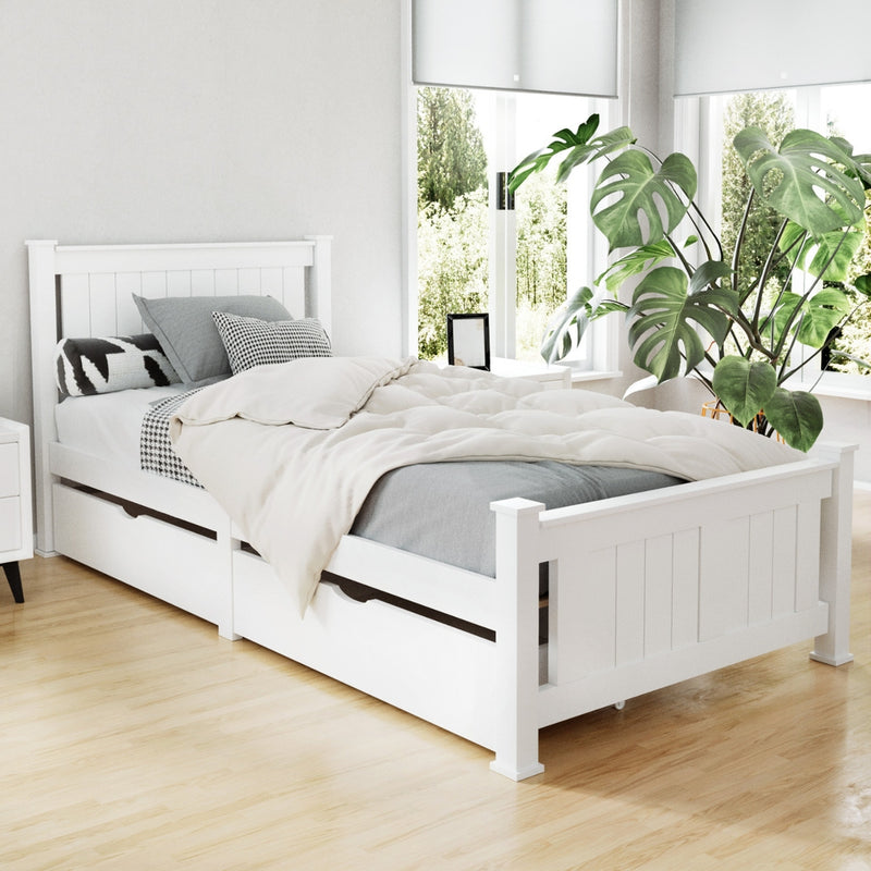 Artiss Single Bed Frame White Wooden 2 Storage Drawers