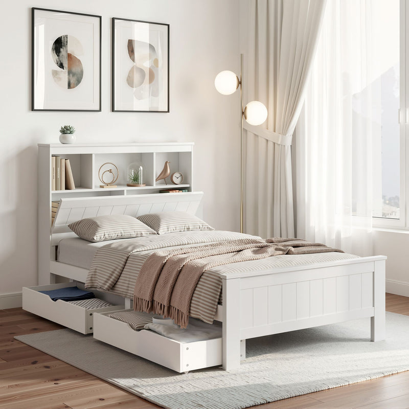 Artiss KING SINGLE Bed Frame Wood 2 Storage Drawers White