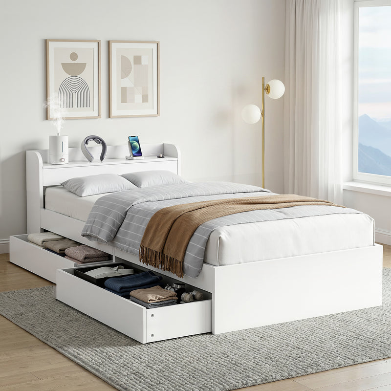 Artiss Bed Frame KING SINGLE Size with Charging Ports and 2 Drawers AURA