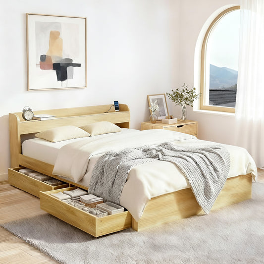 Artiss Queen Bed Frame with Charging Ports 2 Drawers