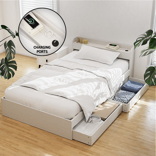 Artiss Single Bed Frame with Charging Ports 2 Drawers