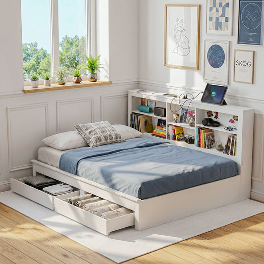Artiss Noise-Free White Farmhouse Solid Wood DOUBLE Platform Bed Frame with Storage Headboard, Charging Station and Drawers for Bedroom and Apartment