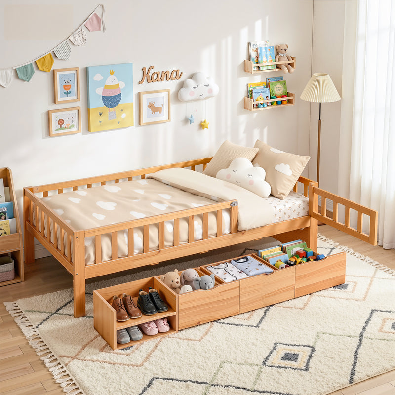 Artiss Kids Single Bed Frame 3 Storage Drawer Montessori Natural