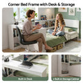 Artiss White Single Solid Wood Corner Platform Bed Frame with Built-in Desk, Storage Shelves and USB-C Charging Station for Small Spaces, Wooden Bed Base for Guest Room