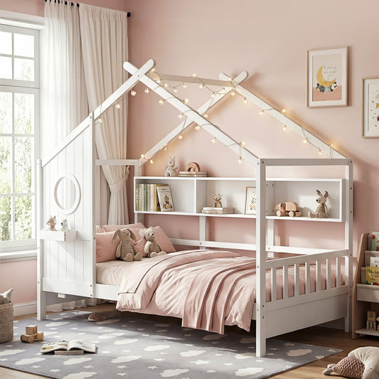 Artiss Kids Single Bed Frame House Montessori Wood White