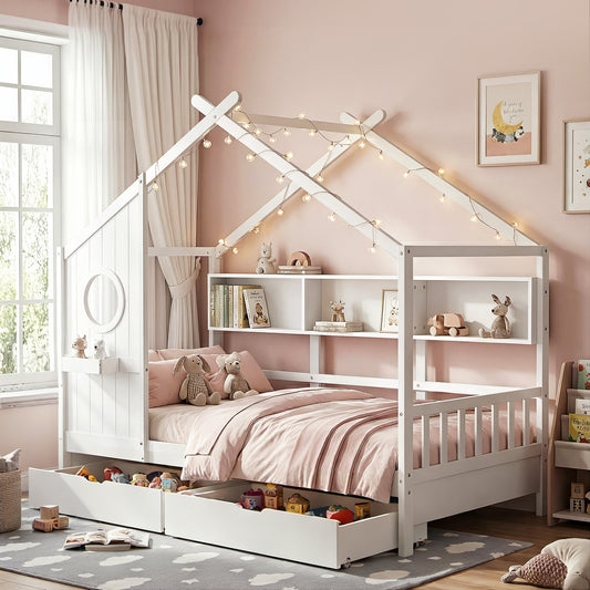 Artiss Kids Single Bed Frame 3 Storage Bookcase 2 Drawers White