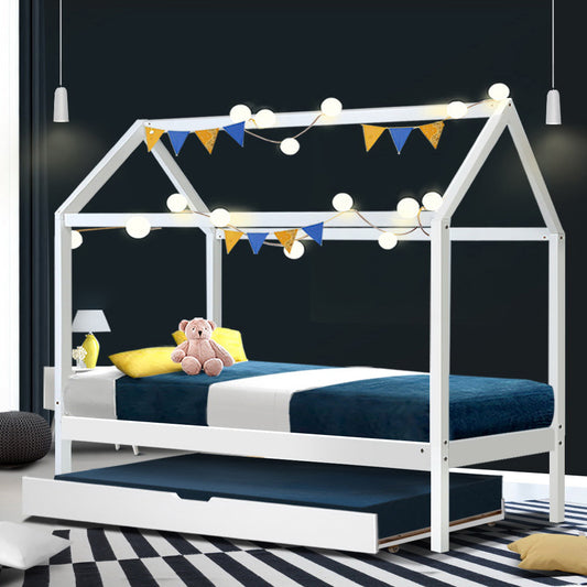 Artiss Wooden Trundle Daybed Kids House Frame White Single
