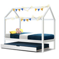 Artiss Wooden Trundle Daybed Kids House Frame White Single