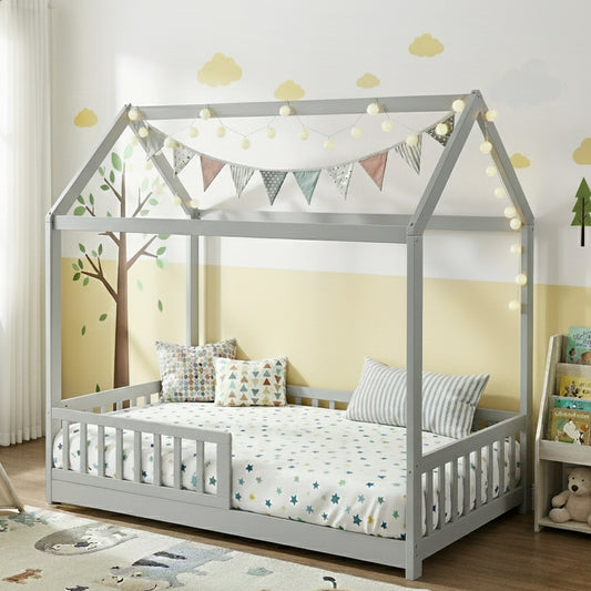 Artiss Wooden Kids House Bed Frame Grey Single