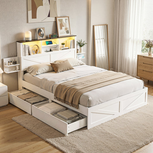 Artiss QUEEN Bed Frame with Storage Drawers White Platform Bedframe with Bookcase Headboard Charging Station Led Light