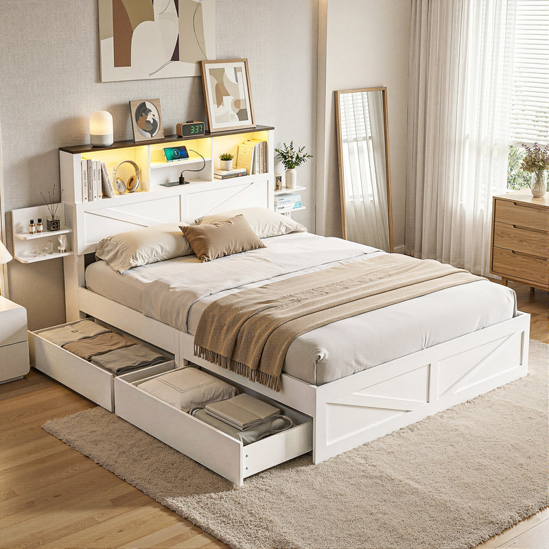 Artiss QUEEN Bed Frame Storage Drawers White Bookcase Headboard LED