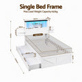 Artiss Single Bed Frame with Storage Drawers White Platform Bedframe with Bookcase Headboard Charging Station Led Light