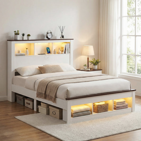 Artiss DOUBLE Bed Frame with Storage Bookcase Headboard and Footboard White Wooden Platform Bed with Charging Station and Led Light Bedroom Furniture