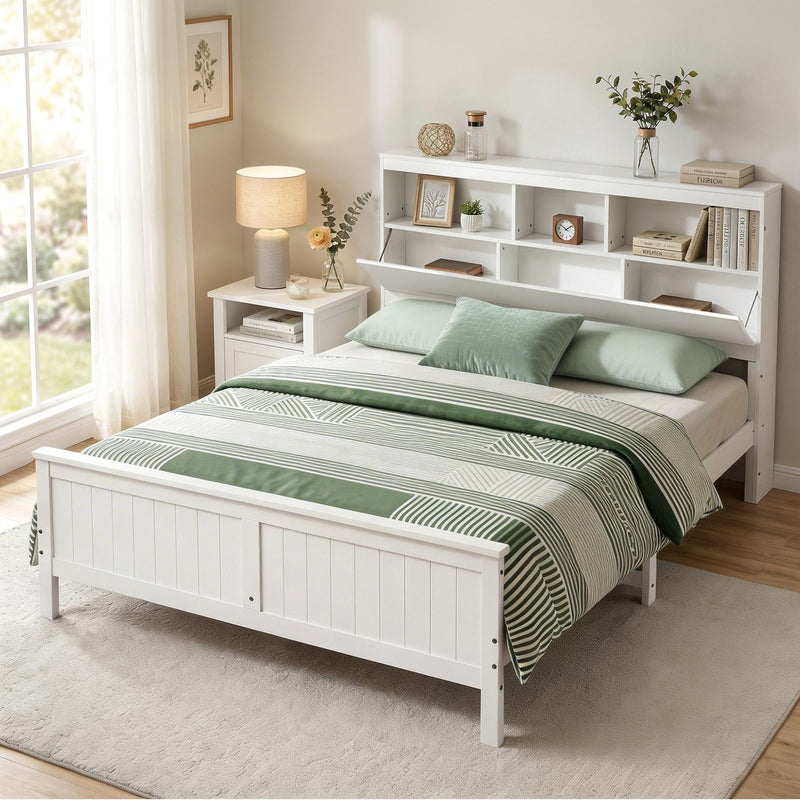 Artiss Queen Bed Frame with Storage Headboard and Footboard Wooden Bed Base White
