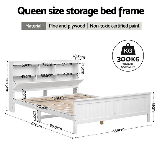 Artiss QUEEN Bed Frame White Wooden Storage Headboard Footbo