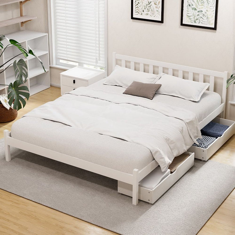 Artiss DOUBLE Bed Frame Wooden White 2 Storage Drawers SOFIE