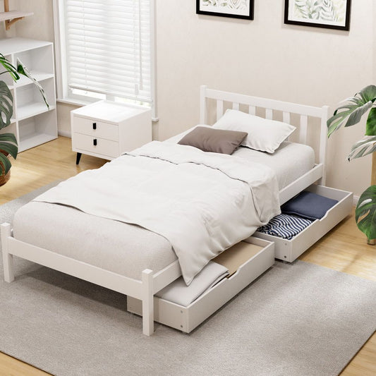 Artiss Single Bed Frame Wood 2 Storage Drawers White