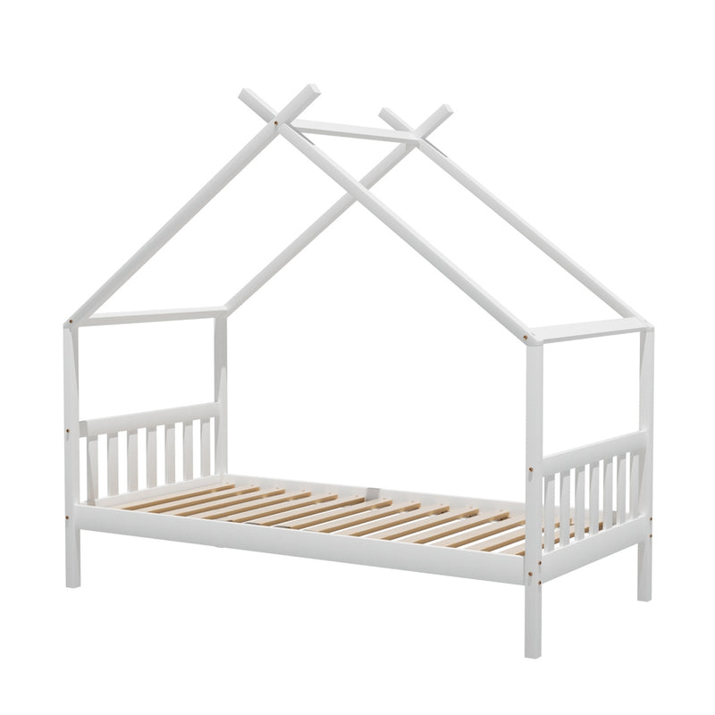 Artiss Wooden Kids Single Bed House Frame White Timber Base