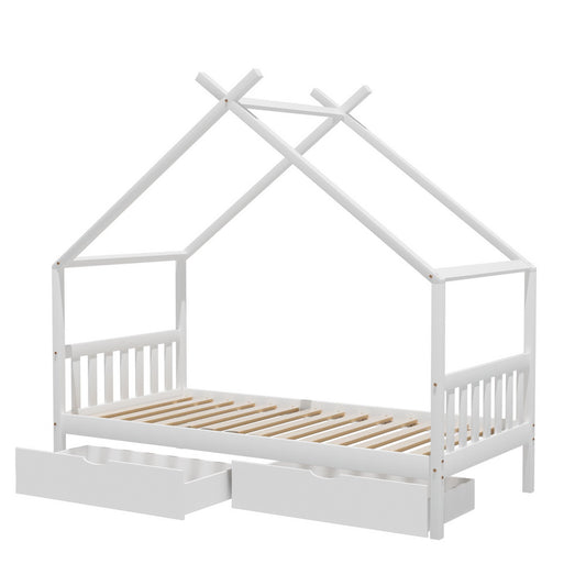 Artiss Single Bed Frame Wooden House Kids White 2 Drawers
