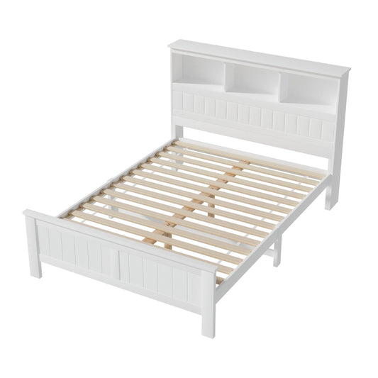 Artiss Wooden Bed Frame Double White 3 Shelf Storage Headboard