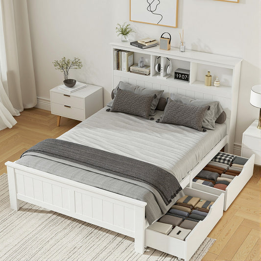 Artiss DOUBLE Bed Frame White Wood with 3 Shelf Headboard