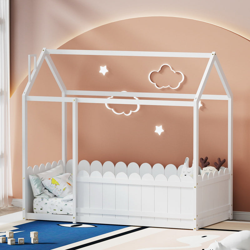 Artiss Single Wooden House Bed Frame White Kids