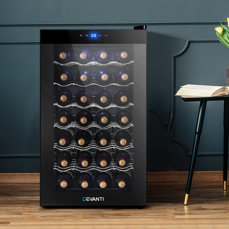 Devanti Wine Fridge Cooler 28 Bottle Black Glass Door