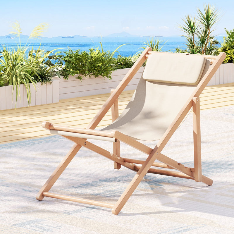 Gardeon Wooden Deck Chair Beige Folding Sun Lounge Beach Patio