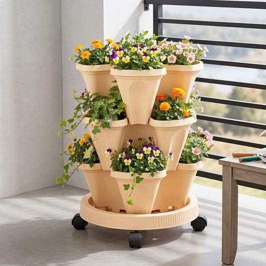 Green Fingers 3 Tier Stackable Planter Tower Strawberry Pot Wheels