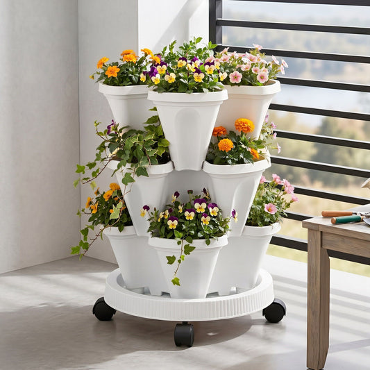 Green Fingers 3 Tier Stackable Vertical Planter Tower White Wheels