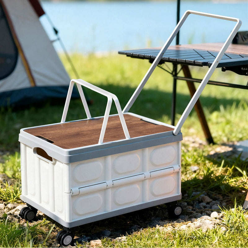 Gardeon 54L Storage Box Collapsible Stackable Wheels Beige