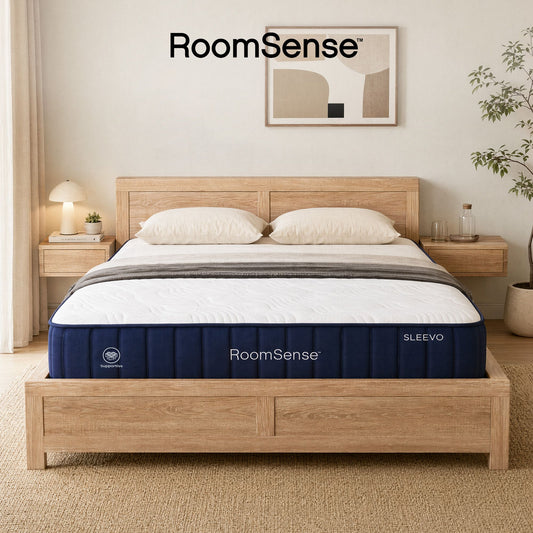 RoomSense Queen 26cm Firm Mattress Bundle with Oatmeal Wooden Bed Frame