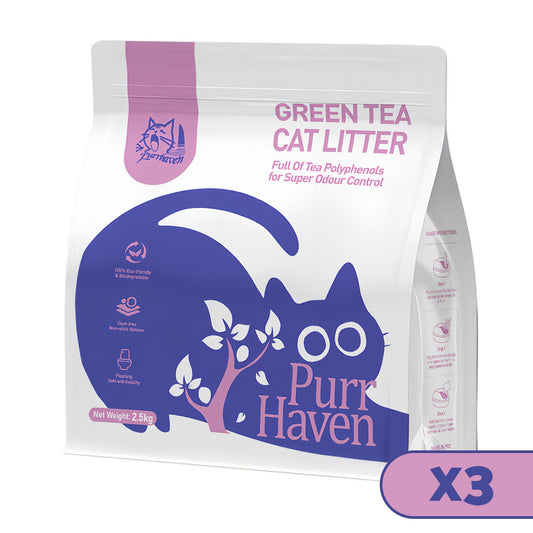 PurrHaven Green Tea Clumping Cat & Kitty Litter, 7.5kg (3 Pack),Dust Free,Natural Flusable,Easy to Clean,Odour Neutraliser,Rapid Liquid Absorption,Non-Toxic Formula
