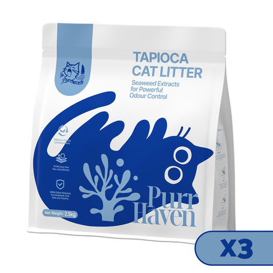 PurrHaven Tapioca Clumping Cat & Kitty Litter, 7.5kg (3 Pack),Dust Free,Multi-Cat,Easy to Clean,Odour Neutraliser,Rapid Liquid Absorption,Non-Toxic Formula