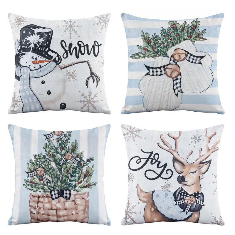 Jingle Jollys Christmas Cushion Covers Set of 4 Pillow Covers 45x45cm with 4 Cute Patterns Blue