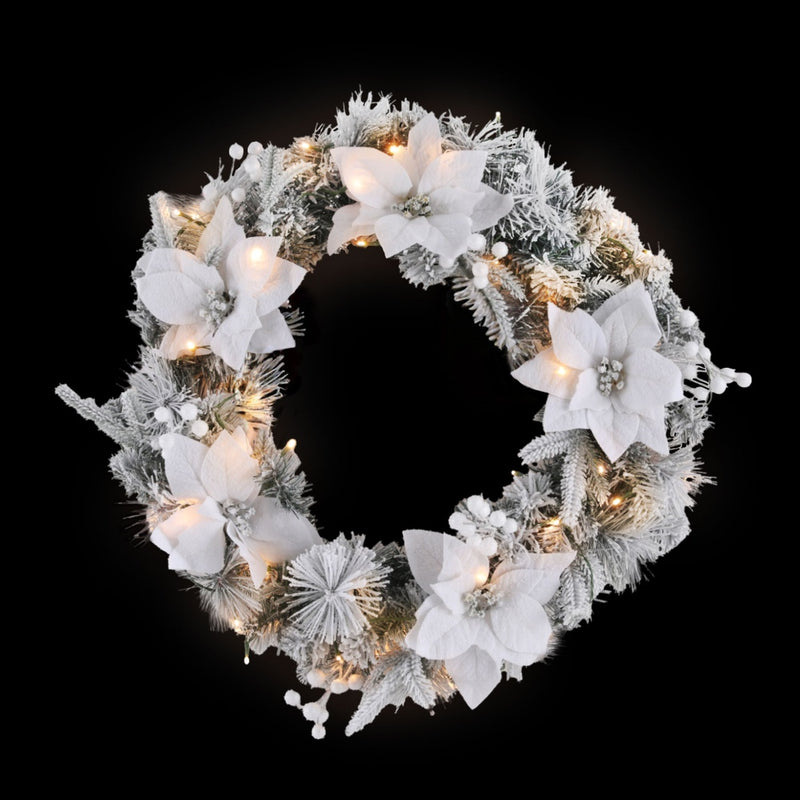 Jingle Jollys 60cm Christmas Wreath LED Lights Snowy Flowers