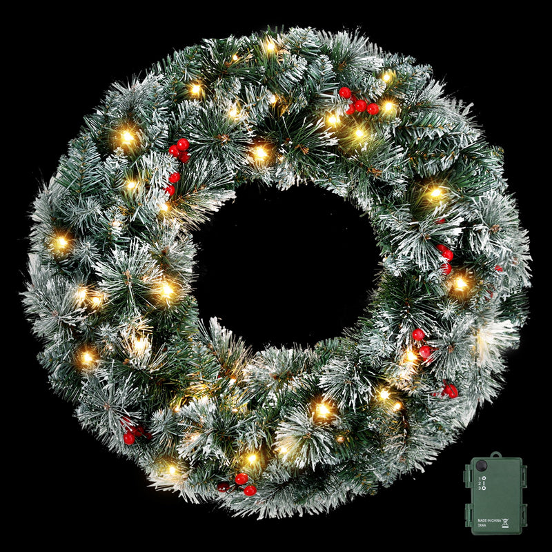 Jingle Jollys 60cm Christmas Wreath LED Lights Snowy Berries