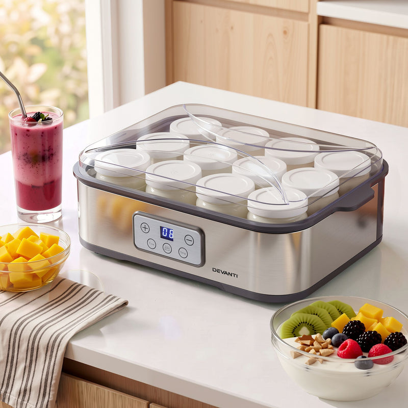 Devanti Yoghurt Maker Machine with 12x180ml Glass Cups Temp Control Grey