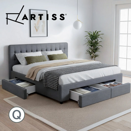Artiss Bed Frame QUEEN Size Mattress Base with 4 Storage Drawers Grey AVIO