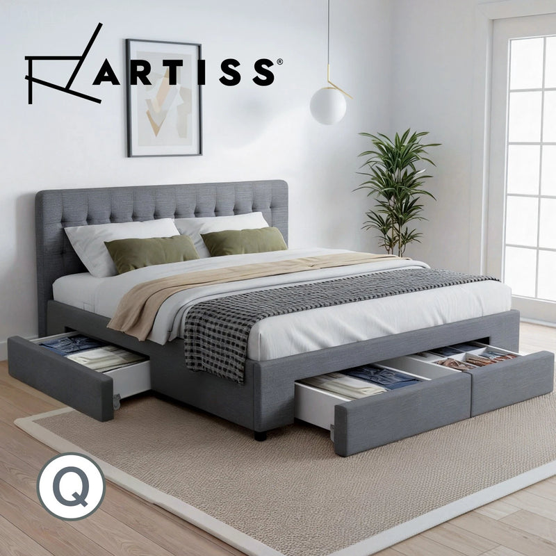 Artiss Bed Frame QUEEN Size Mattress Base with 4 Storage Drawers Grey AVIO