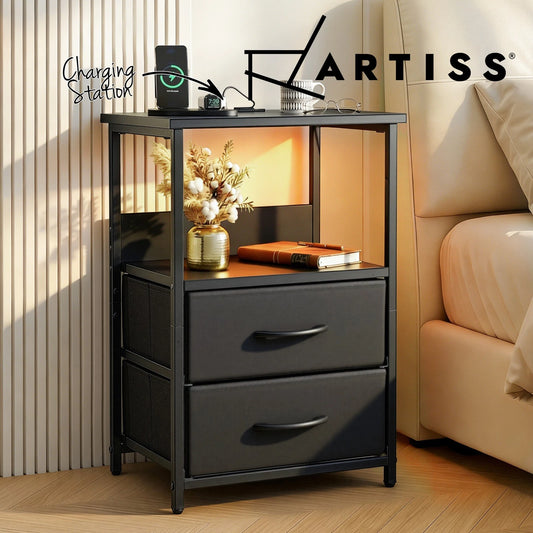 Artiss Bedside Table LED Nightstand Charging Station 2 Drawers Foldable Black