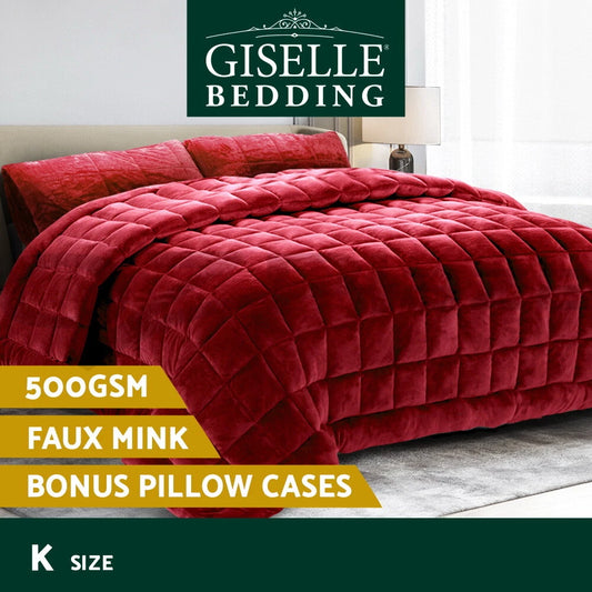 Giselle Faux Mink Quilt Comforter Heavy Weighted Throw Blanket Burgundy KING