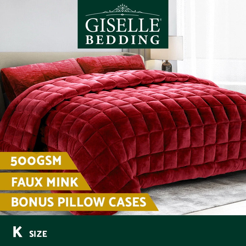 Giselle Faux Mink Quilt Comforter Heavy Weighted Throw Blanket Burgundy KING